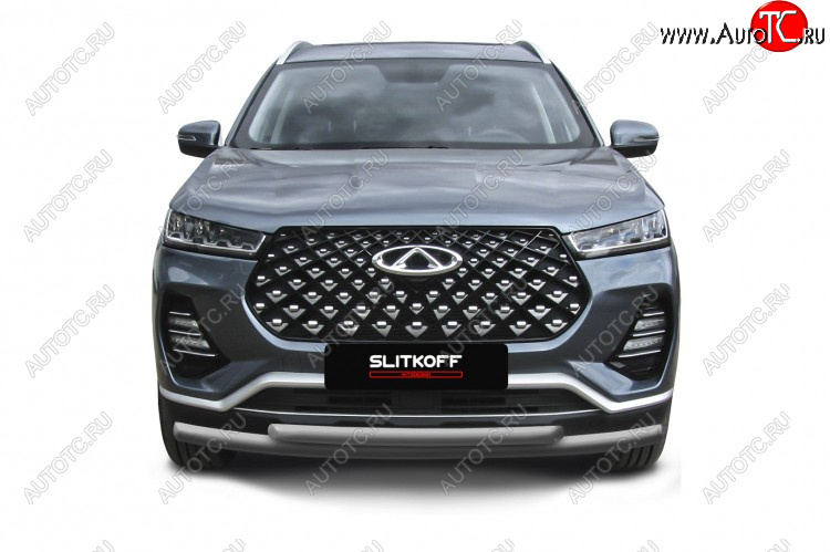 10 949 р. Защита переднего бампера Slitkoff (Ø 57+Ø 42 мм). Chery Tiggo 7 PRO (2019-2024) (Цвет: серебристый)  с доставкой в г. Тольятти