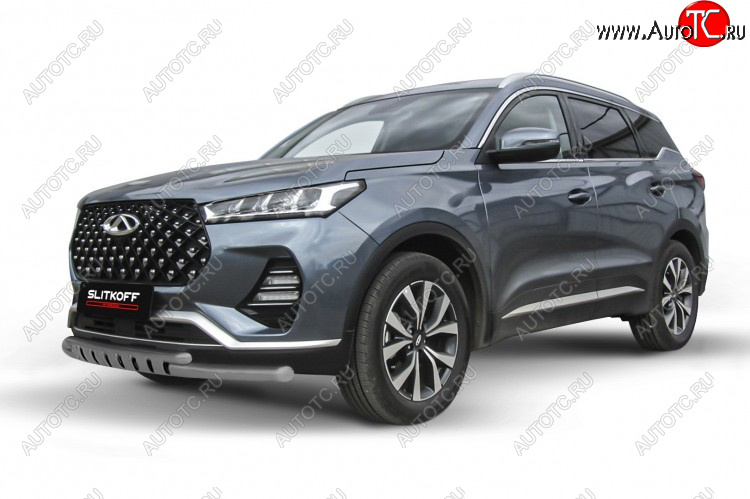 13 399 р. Защита переднего бампера Slitkoff (Ø 57+Ø 42 мм). Chery Tiggo 7 PRO (2019-2024) (Цвет: серебристый)  с доставкой в г. Тольятти