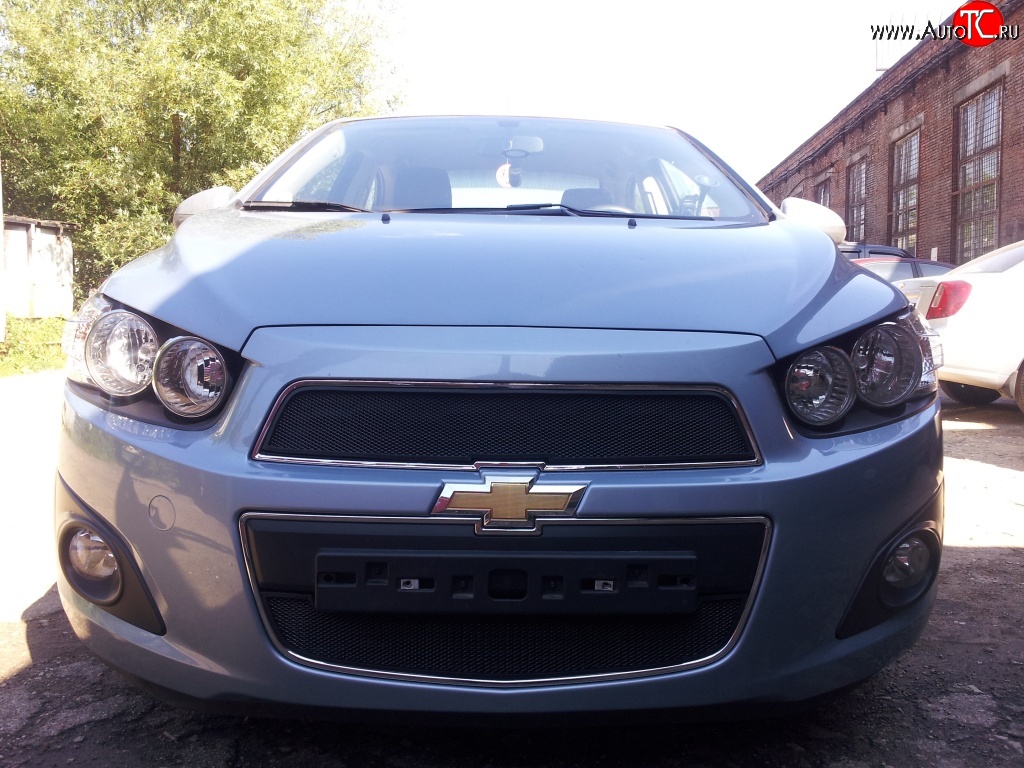 1 469 р. Нижняя сетка на бампер Russtal (черная) Chevrolet Aveo T300 хэтчбек (2011-2015)  с доставкой в г. Тольятти