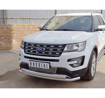 Защита переднего бампера (2 трубыØ63 и 75х42 мм, нержавейка) Russtal Ford Explorer U502 1-ый рестайлинг, 5 дв. (2015-2018)