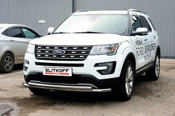 16 899 р. Защита переднего бампера Slitkoff (двойная, d57/57 мм)  Ford Explorer  U502 (2015-2018) 1-ый рестайлинг, 5 дв. (Нержавейка, Полированная)  с доставкой в г. Тольятти. Увеличить фотографию 1