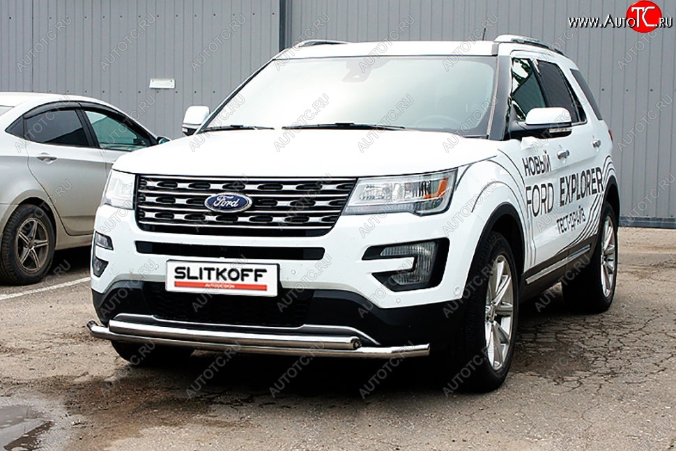 16 899 р. Защита переднего бампера Slitkoff (двойная, d57/57 мм)  Ford Explorer  U502 (2015-2018) 1-ый рестайлинг, 5 дв. (Нержавейка, Полированная)  с доставкой в г. Тольятти