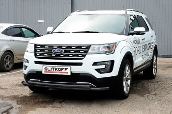 16 899 р. Защита переднего бампера Slitkoff (двойная, d57/57 мм)  Ford Explorer  U502 (2015-2018) 1-ый рестайлинг, 5 дв. (Нержавейка, Полированная)  с доставкой в г. Тольятти. Увеличить фотографию 2