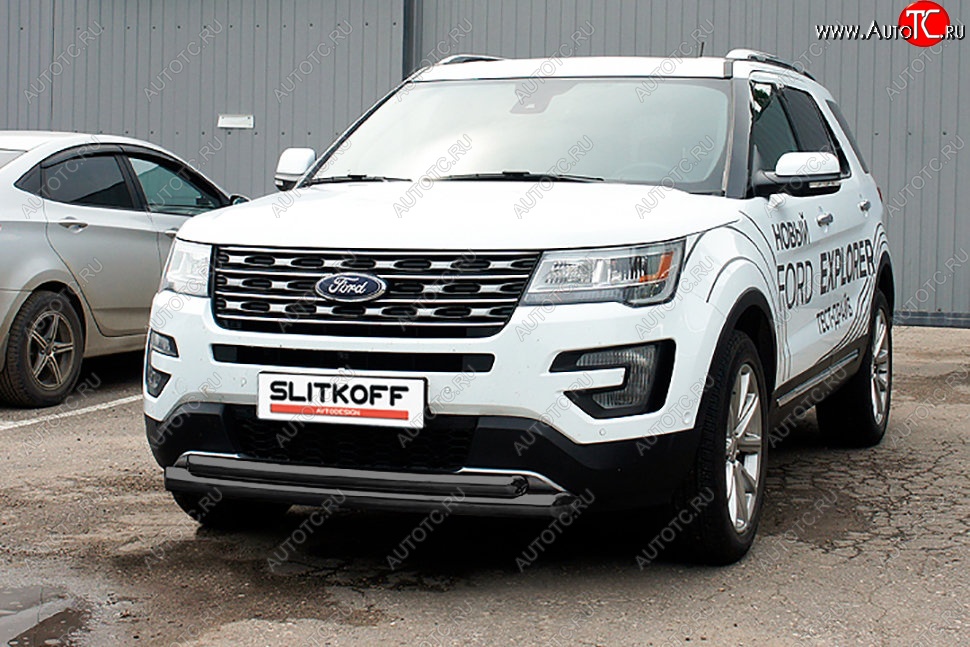 13 599 р. Защита переднего бампера Slitkoff (двойная, d76/57 мм) Ford Explorer U502 2-ой рестайлинг, 5 дв. (2017-2019) (Сталь с полимерным покрытием. Цвет: чёрный)  с доставкой в г. Тольятти