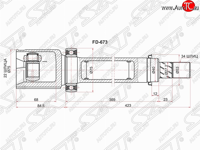 4 299 р. Шрус (внутренний/правый) SAT (шлицы 22/34, сальник 40 мм, 105 лс) Ford Focus 3 хэтчбэк рестайлинг (2014-2019)  с доставкой в г. Тольятти