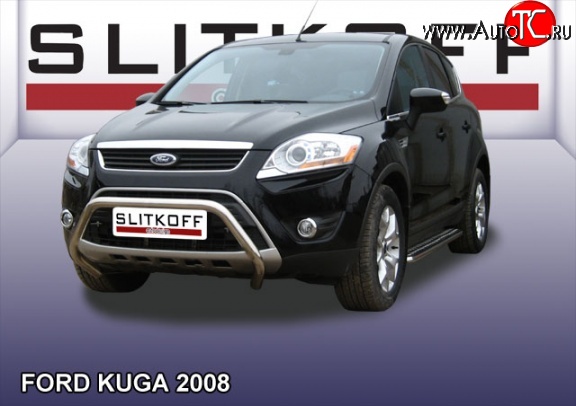 19 599 р. Усиленная низкая защита переднего бампера Slitkoff Ford Kuga 1 (2008-2013) (Нержавейка, Полированная)  с доставкой в г. Тольятти