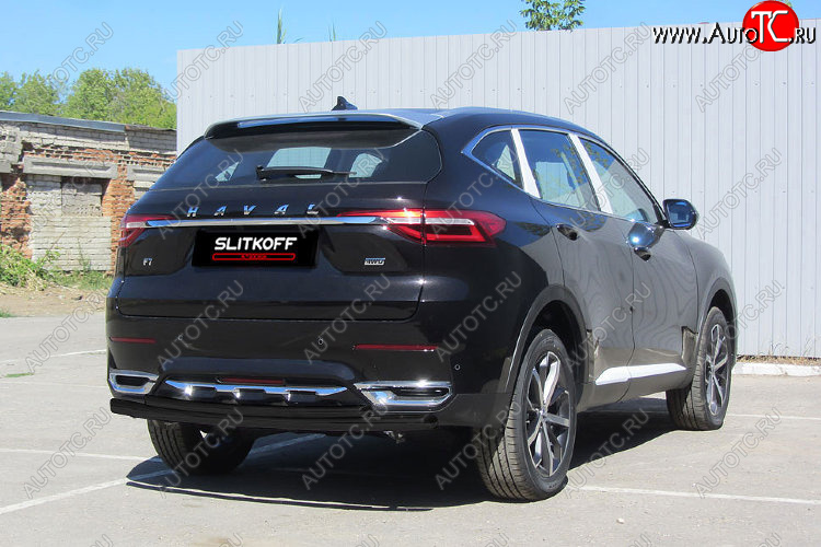 9 699 р. Защита заднего бампера (d57+d42) Slitkoff Haval F7x дорестайлинг (2019-2022) (Цвет: черный)  с доставкой в г. Тольятти