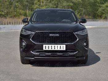 12 349 р. Защита переднего бампера SLITKOFF (Ø57 секции/Ø42 дуга) Haval F7x дорестайлинг (2019-2022) (нержавейка с полимерным покрытием, черный)  с доставкой в г. Тольятти. Увеличить фотографию 2