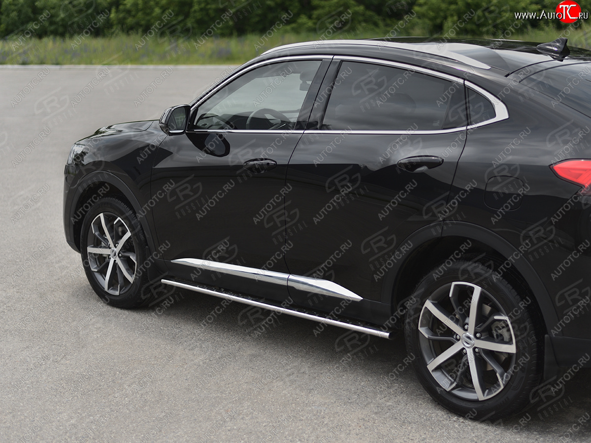 23 749 р. Защита порогов (Ø75x42 мм, с проступью) Russtal Haval F7x дорестайлинг (2019-2022) (полированная нержавейка)  с доставкой в г. Тольятти