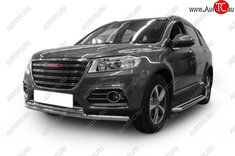 8 999 р. Защита переднего бампера Slitkoff (Ø 57+Ø 57). Haval H2 (2014-2021) (Цвет: серебристый)  с доставкой в г. Тольятти