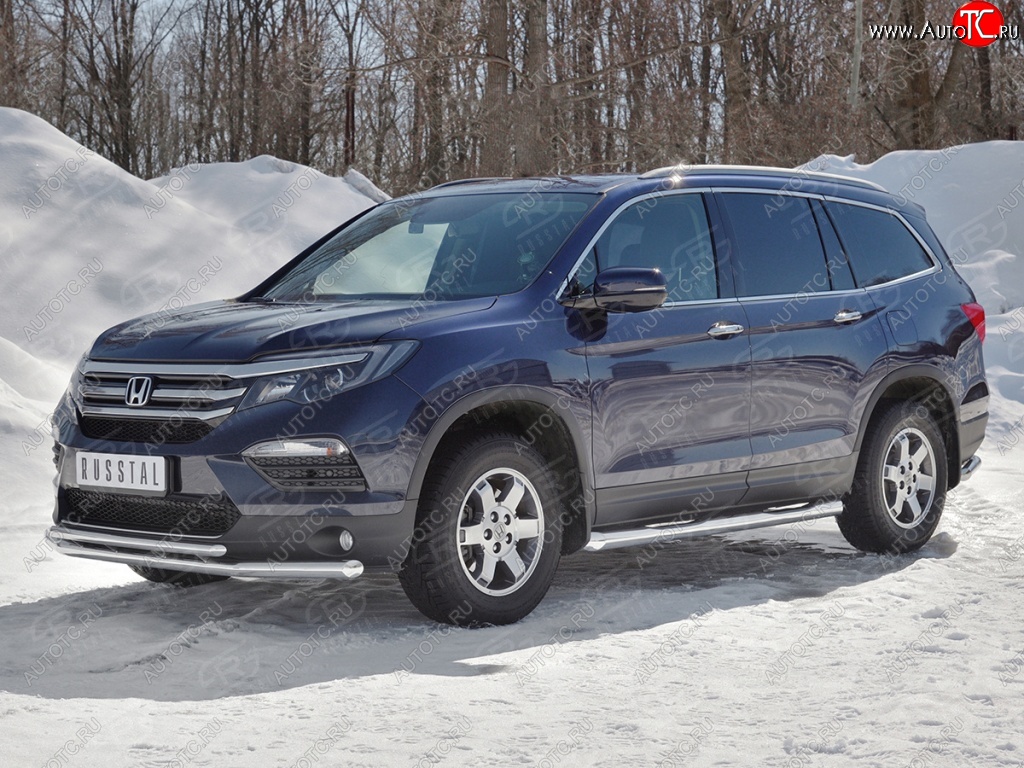 21 699 р. Защита переднего бампера (2 трубы Ø63 и 42 мм, нержавейка) SLITKOFF Honda Pilot YF6 дорестайлинг (2016-2019)  с доставкой в г. Тольятти