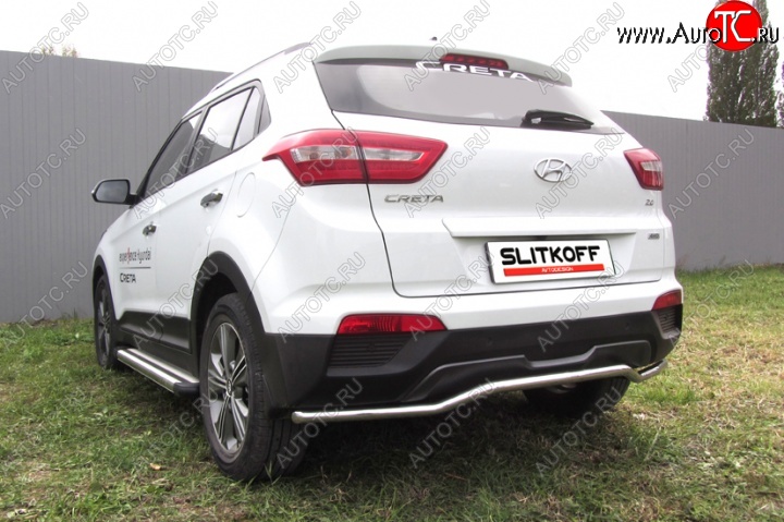 10 999 р. Защита заднего бампера из изогнутой трубы диаметром 42 мм Slitkoff  Hyundai Creta  GS (2015-2021) дорестайлинг, рестайлинг (Нержавейка, Полированная)  с доставкой в г. Тольятти