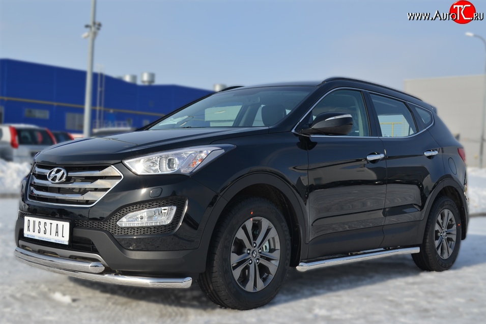 14 849 р. Защита порогов из круглой трубы диаметром 63 мм Russtal Hyundai Santa Fe DM дорестайлинг (2012-2016) (Защита порогов с со скосами на торцах (вариант 1))  с доставкой в г. Тольятти