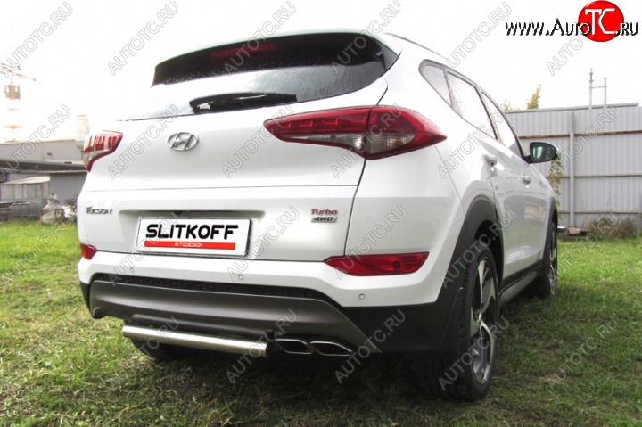 7 999 р. Защита заднего бампера из короткой трубы диаметром 57 мм Slitkoff Hyundai Tucson TL дорестайлинг (2015-2018) (Нержавейка, Полированная)  с доставкой в г. Тольятти