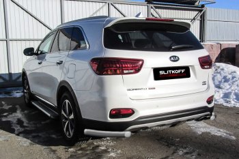 4 999 р. Защита заднего бампера Slitkoff (уголки, d57)  KIA Sorento  UM/Prime (2018-2020) рестайлинг (Сталь с полимерным покрытием. Цвет: серебристый)  с доставкой в г. Тольятти. Увеличить фотографию 1