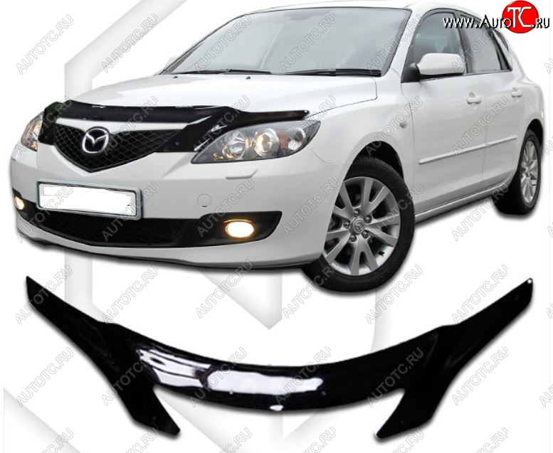 2 699 р. Дефлектор капота CA-Plastiс  Mazda 3/Axela  BK (2003-2009) дорестайлинг, хэтчбэк, рестайлинг, хэтчбэк (Classic черный, Без надписи)  с доставкой в г. Тольятти