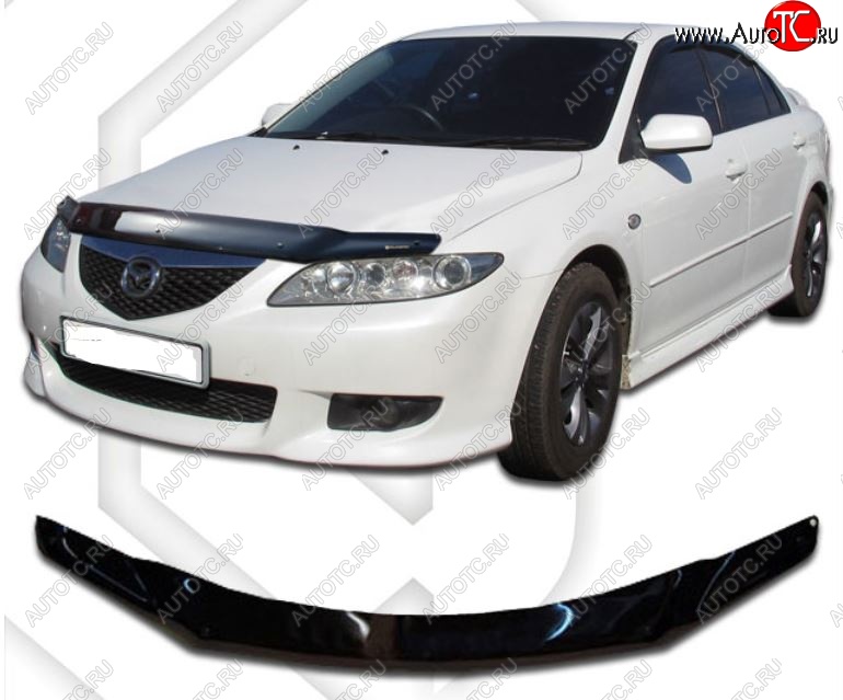 1 969 р. Дефлектор капота CA-Plastic  Mazda 6  GG (2002-2005) седан дорестайлинг (Classic черный, Без надписи)  с доставкой в г. Тольятти