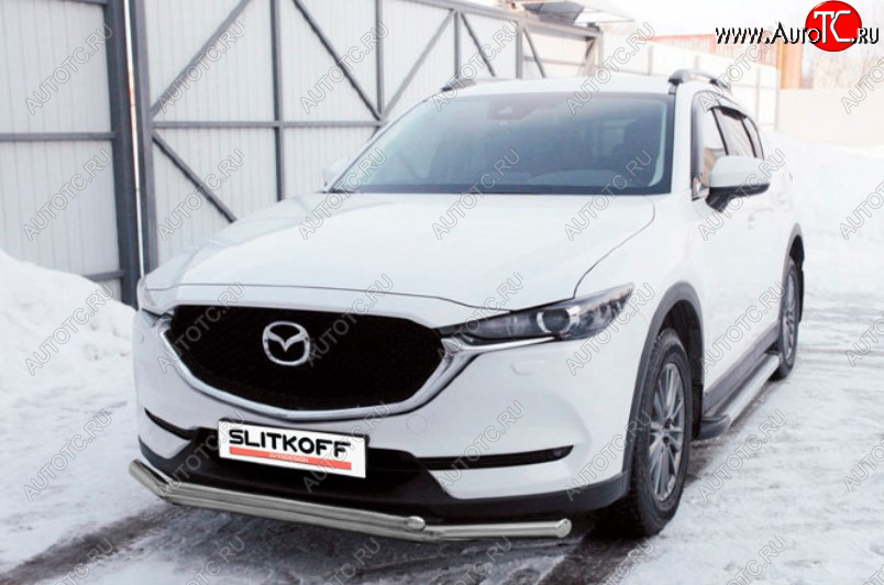 10 699 р. Защита переднего бампера Slitkoff (Ø 57+Ø 42, двойная). Mazda CX-5 KF (2016-2025) (Сталь с полимерным покрытием. Цвет: серебристый)  с доставкой в г. Тольятти