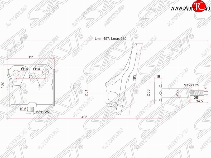 3 999 р. Амортизатор передний (2WD, 4WD) SAT (L 175, установка на левую или правую сторону) Mitsubishi Outlander CU (2003-2009)  с доставкой в г. Тольятти