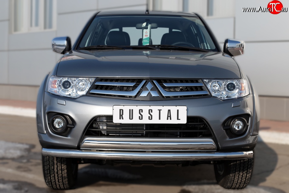 22 949 р. Защита переднего бампера (2 трубы Ø63 и 75х42 мм, нержавейка) Russtal Mitsubishi L200 5 KK,KL дорестайлинг (2015-2019)  с доставкой в г. Тольятти