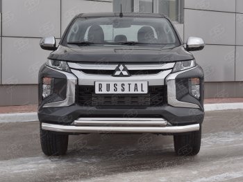 Защита переднего бампера (2 трубы Ø76 и 42 мм, нержавейка) SLITKOFF Mitsubishi L200 5 KK,KL рестайлинг (2018-2022)