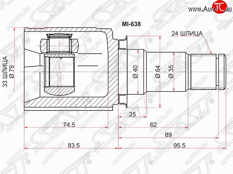 2 499 р. Шрус (внутренний/правый) SAT (33*24*40 мм) Mitsubishi Lancer 10 CY хэтчбэк дорестайлинг (2007-2010)  с доставкой в г. Тольятти