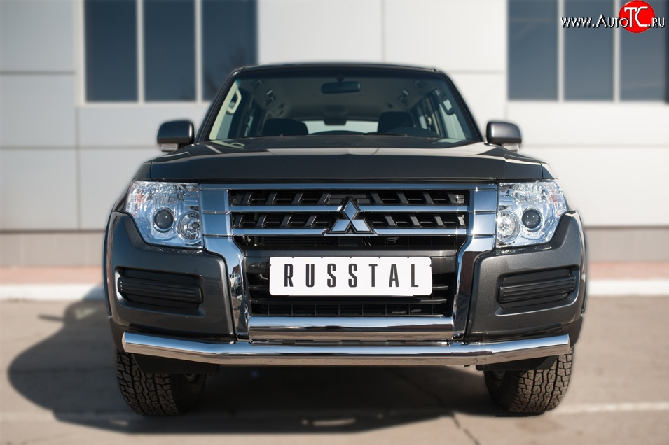 22 949 р. Защита переднего бампера (2 трубы Ø76 и 75х42 мм, нержавейка) Russtal Mitsubishi Pajero 4 V90 2-ой рестайлинг (2014-2020)  с доставкой в г. Тольятти