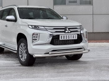 Защита переднего бампера (2 трубы Ø76 и 42 мм, нержавейка) SLITKOFF Mitsubishi Pajero Sport QF рестайлинг (2019-2022)