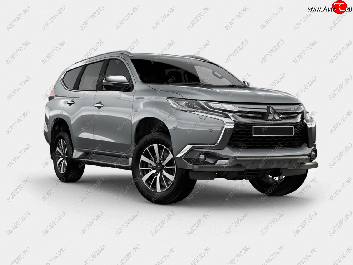 16 499 р. Защита переднего бампера (Ø63 мм с клыками) SLITKOFF Mitsubishi Pajero Sport QE дорестайлинг (2015-2021) (нержавейка с полимерным покрытием, черный)  с доставкой в г. Тольятти