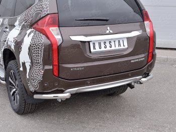 Защита заднего бампера (Ø63 мм уголки под фаркоп, нержавейка) SLITKOFF Mitsubishi Pajero Sport QE дорестайлинг (2015-2021)  (полированная нержавейка)