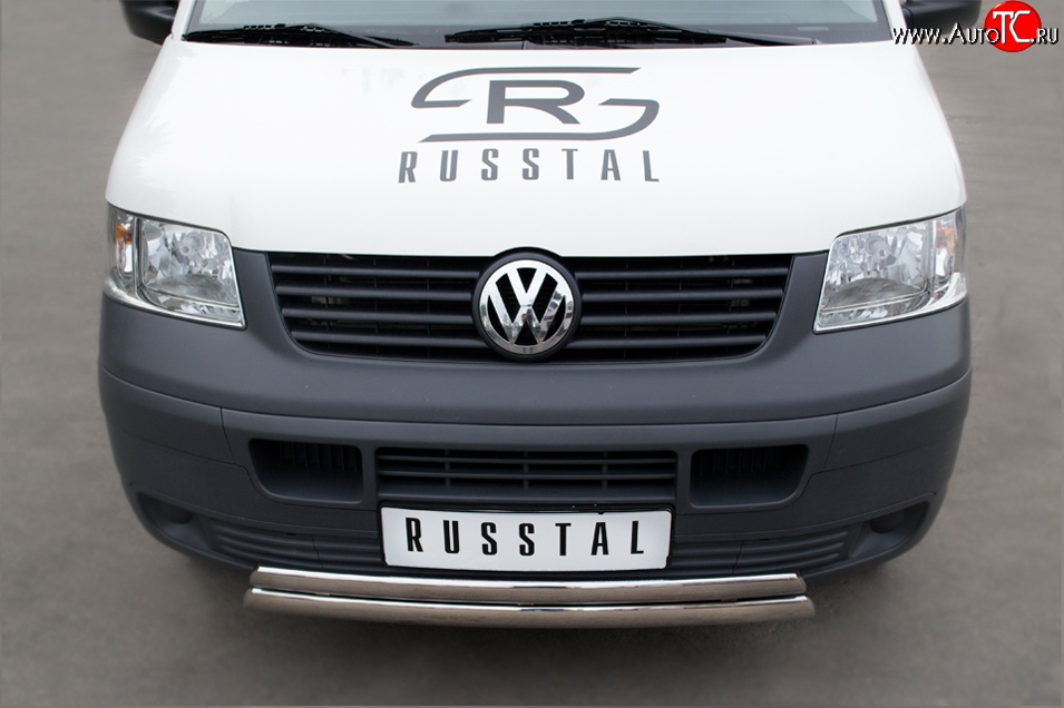 22 299 р. Защита переднего бампера (2 трубыØ75х42 мм, нержавейка) Russtal Volkswagen Transporter T5 дорестайлинг (2003-2009)  с доставкой в г. Тольятти