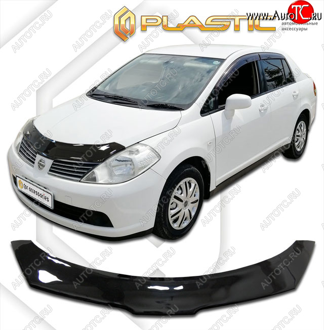 2 199 р. Дефлектор капота CA-Plastic  Nissan Tiida Latio  C11 (2004-2012) седан (classic черный, без надписи)  с доставкой в г. Тольятти