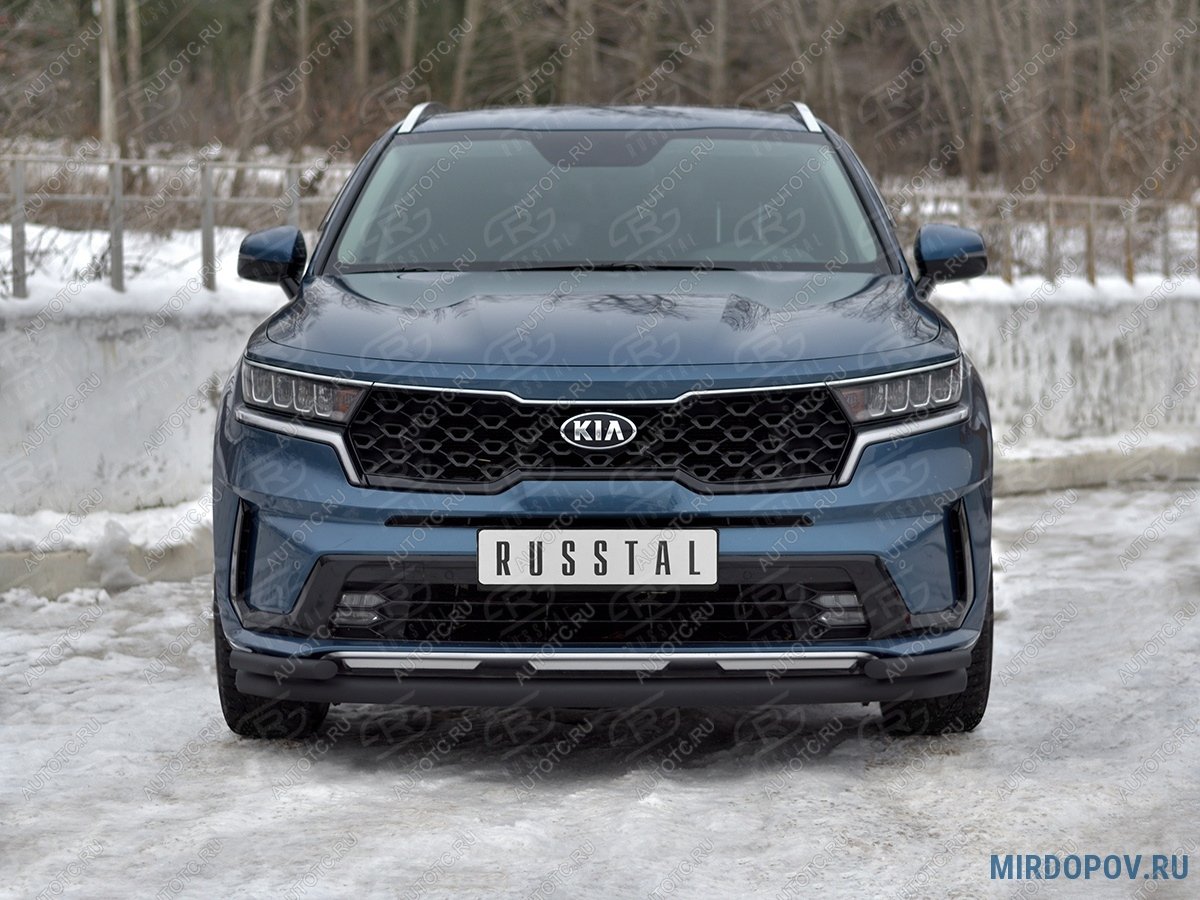 12 949 р. Защита переднего бампера d63 секции-d42 уголки SLITKOFF KIA Sorento MQ4 (2020-2022) (нержавейка окрашенная в черный цыет)  с доставкой в г. Тольятти