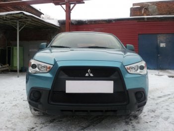 Защитная сетка в бампер (верх, 2 части, ячейка 3х7 мм) Alfeco Стандарт Mitsubishi ASX дорестайлинг (2010-2012) ()