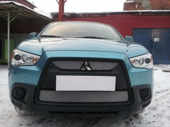 Защитная сетка в бампер (верх, 2 части, ячейка 3х7 мм) Alfeco Стандарт Mitsubishi ASX дорестайлинг (2010-2012) ()