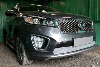 4 499 р. Защитная сетка в бампер (низ, ячейка 4х10 мм) Alfeco Премиум KIA Sorento UM/Prime дорестайлинг (2014-2018) (Хром)  с доставкой в г. Тольятти. Увеличить фотографию 2