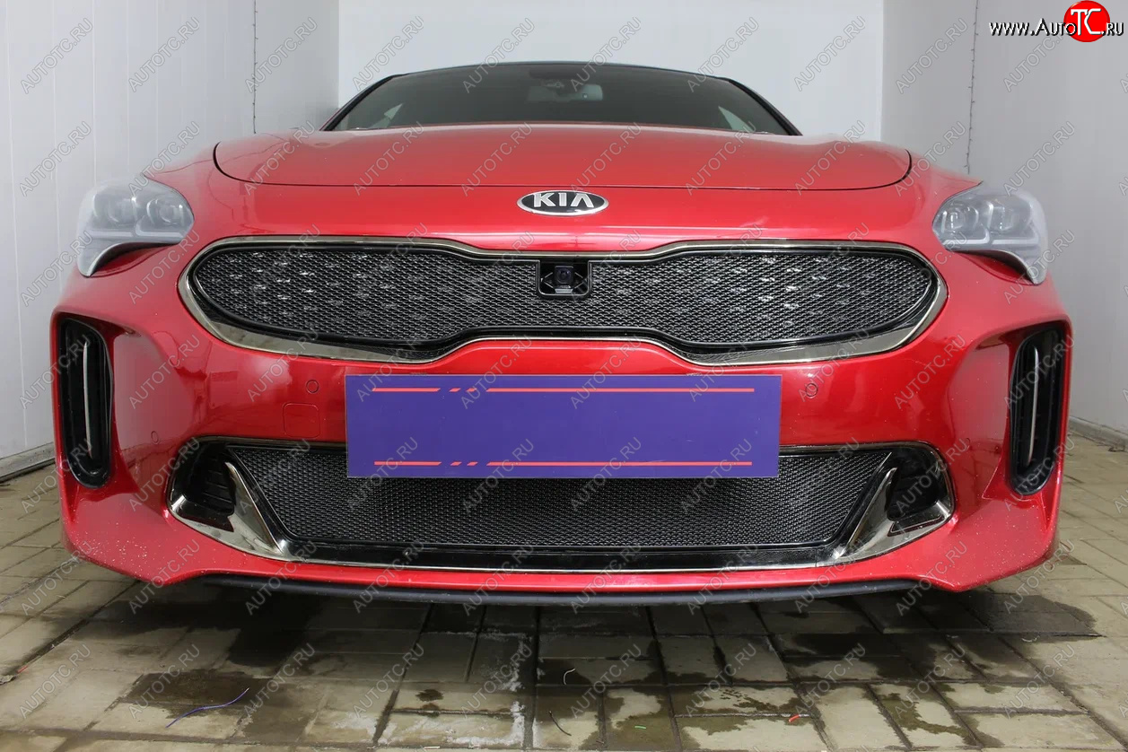 4 099 р. Защитная сетка в бампер (низ, ячейка 4х10 мм) Alfeco Премиум KIA Stinger (2017-2025) (Чёрная)  с доставкой в г. Тольятти