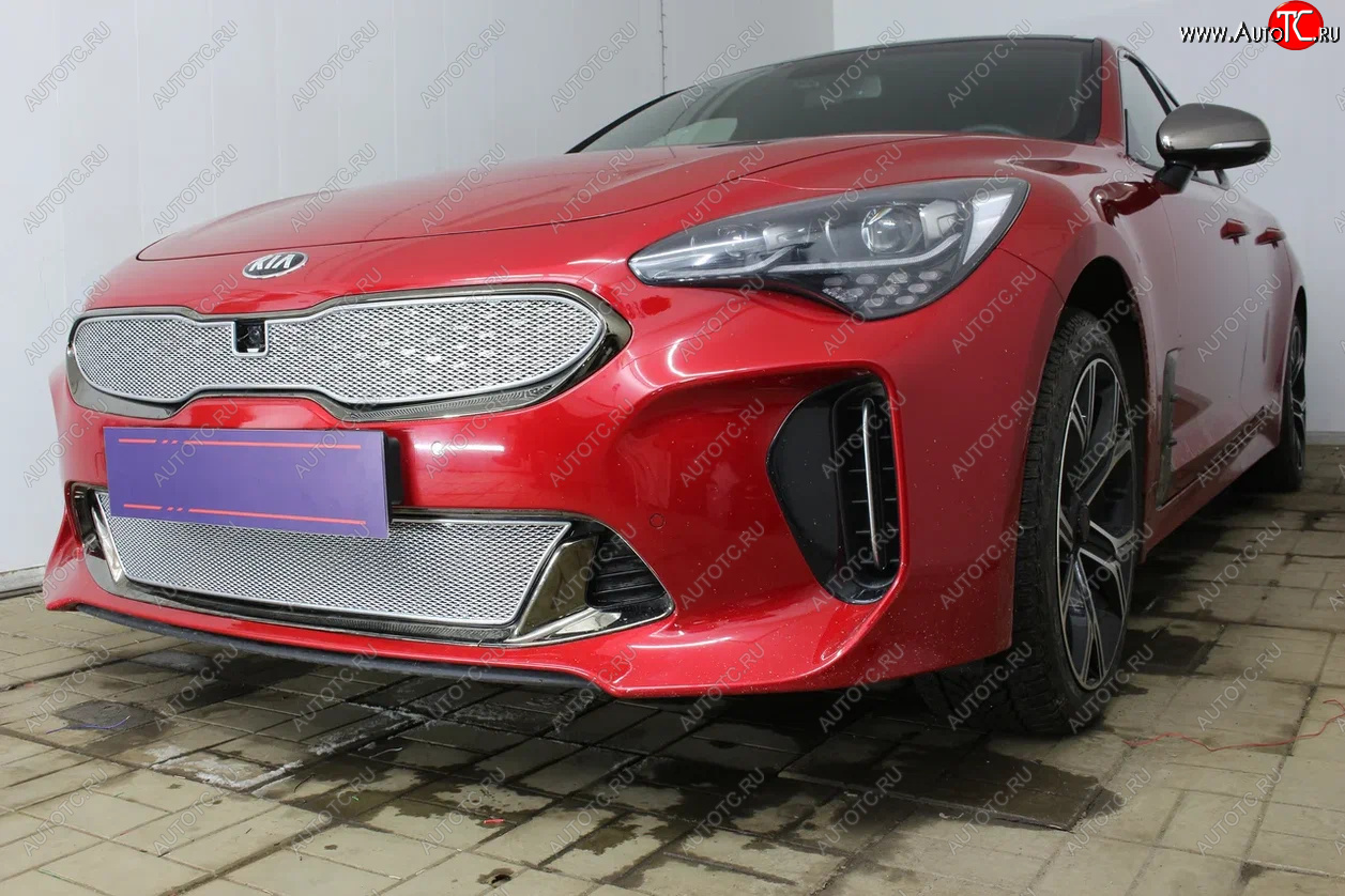 6 299 р. Защитная сетка в бампер (верх, ячейка 4х10 мм) Alfeco Премиум KIA Stinger (2017-2025) (Хром)  с доставкой в г. Тольятти