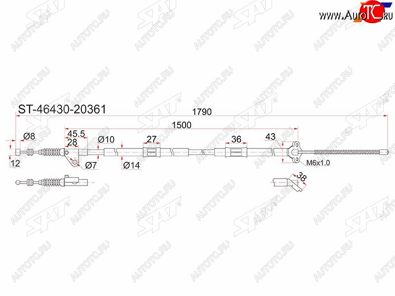 1 249 р. Трос ручника RH SAT Toyota Corona T190 седан дорестайлинг (1992-1994) (барабанные тормоза)  с доставкой в г. Тольятти