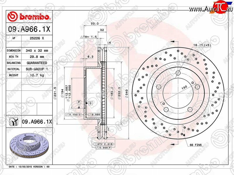 15 999 р. Тормозной передний диск (Ø340) BREMBO  Toyota Land Cruiser 200 дорестайлинг (2007-2012)  с доставкой в г. Тольятти