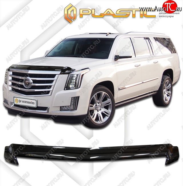 2 309 р. Дефлектор капота CA-Plastic  Cadillac Escalade  GMTK2 джип 5 дв. (2015-2020) короткая база (Classic прозрачный, с надписью)  с доставкой в г. Тольятти