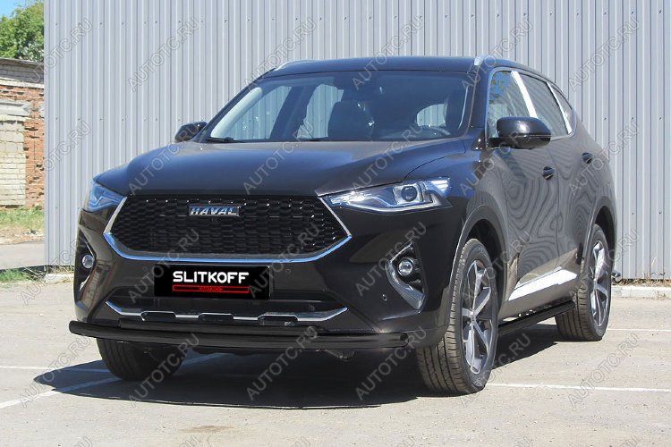 13 899 р. Защита переднего бампера d57 + d42 Slitkoff Haval F7x дорестайлинг (2019-2022) (нержавейка с полимерным покрытием в цвет черный)  с доставкой в г. Тольятти