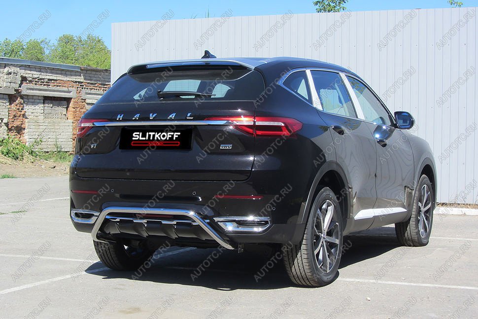 15 499 р. Защита заднего бампера d42 скоба Slitkoff Haval F7x дорестайлинг (2019-2022) (нержавейка с полимерным покрытием в цвет черный)  с доставкой в г. Тольятти