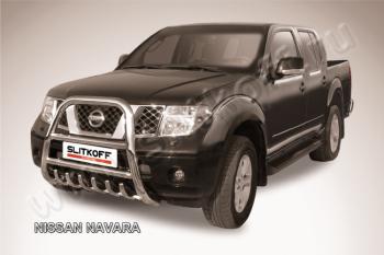 Защита переднего бампера кенгурятник d76 высокий с защитой картера Slitkoff Nissan Navara 2 D40 рестайлинг (2010-2016) ()