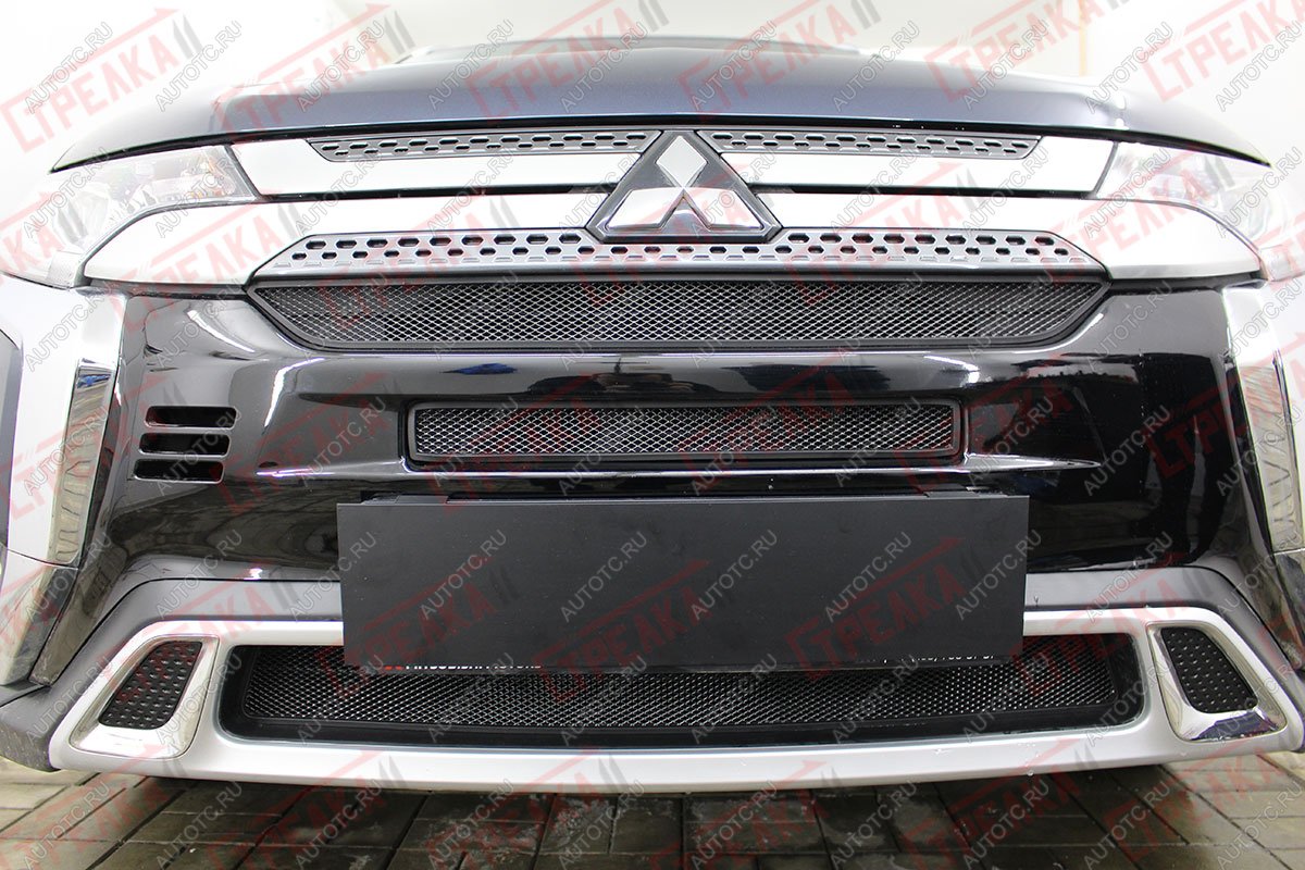 8 449 р. Защита радиатора (3 части с парктроником) Стрелка11 Стандарт Mitsubishi Outlander GF 3-ий рестайлинг (2018-2022) (черная)  с доставкой в г. Тольятти