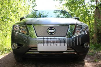 3 679 р. Защита радиатора (верх) Стрелка11 Стандарт Nissan Pathfinder R52 дорестайлинг (2012-2017) (хром)  с доставкой в г. Тольятти. Увеличить фотографию 2