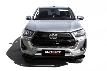 17 599 р. Защита переднего бампера Slitkoff (Ø 76+Ø 57 мм, двойная). Toyota Hilux AN120 1-ый рестайлинг (2017-2020) (Сталь с полимерным покрытием. Цвет: черный)  с доставкой в г. Тольятти. Увеличить фотографию 2