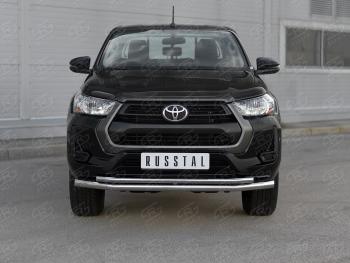 21 449 р. Защита переднего бампера (2 трубы Ø63 и 42 мм) SLITKOFF  Toyota Hilux  AN120 (2020-2025) 2-ой рестайлинг (полированная нержавейка)  с доставкой в г. Тольятти. Увеличить фотографию 1