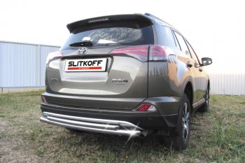 10 999 р. Защита заднего бампера Slitkoff (Ø57 и 42 мм, радиусная)  Toyota RAV4  XA40 (2015-2019) 5 дв. рестайлинг (Нержавейка полированная)  с доставкой в г. Тольятти. Увеличить фотографию 1